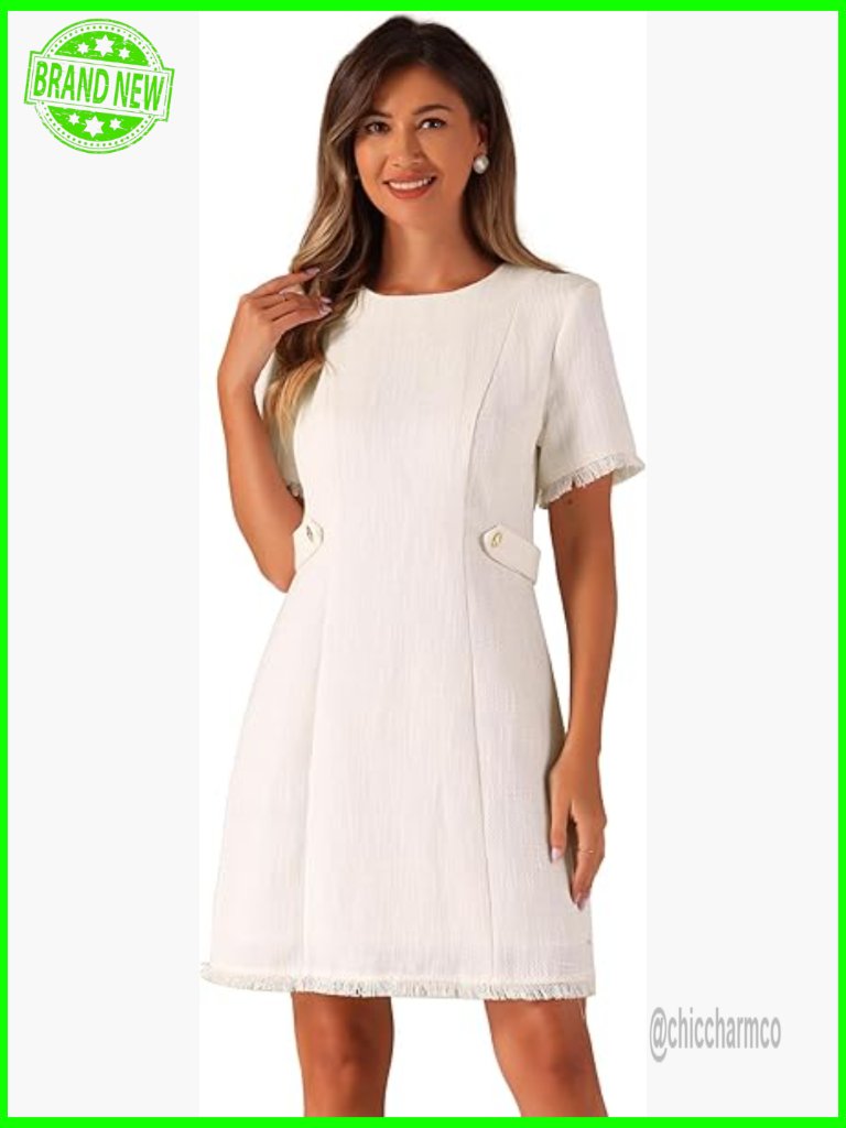 Tweed Sweater Dress Short Sleeve A-Line Zipper Back Work Casual